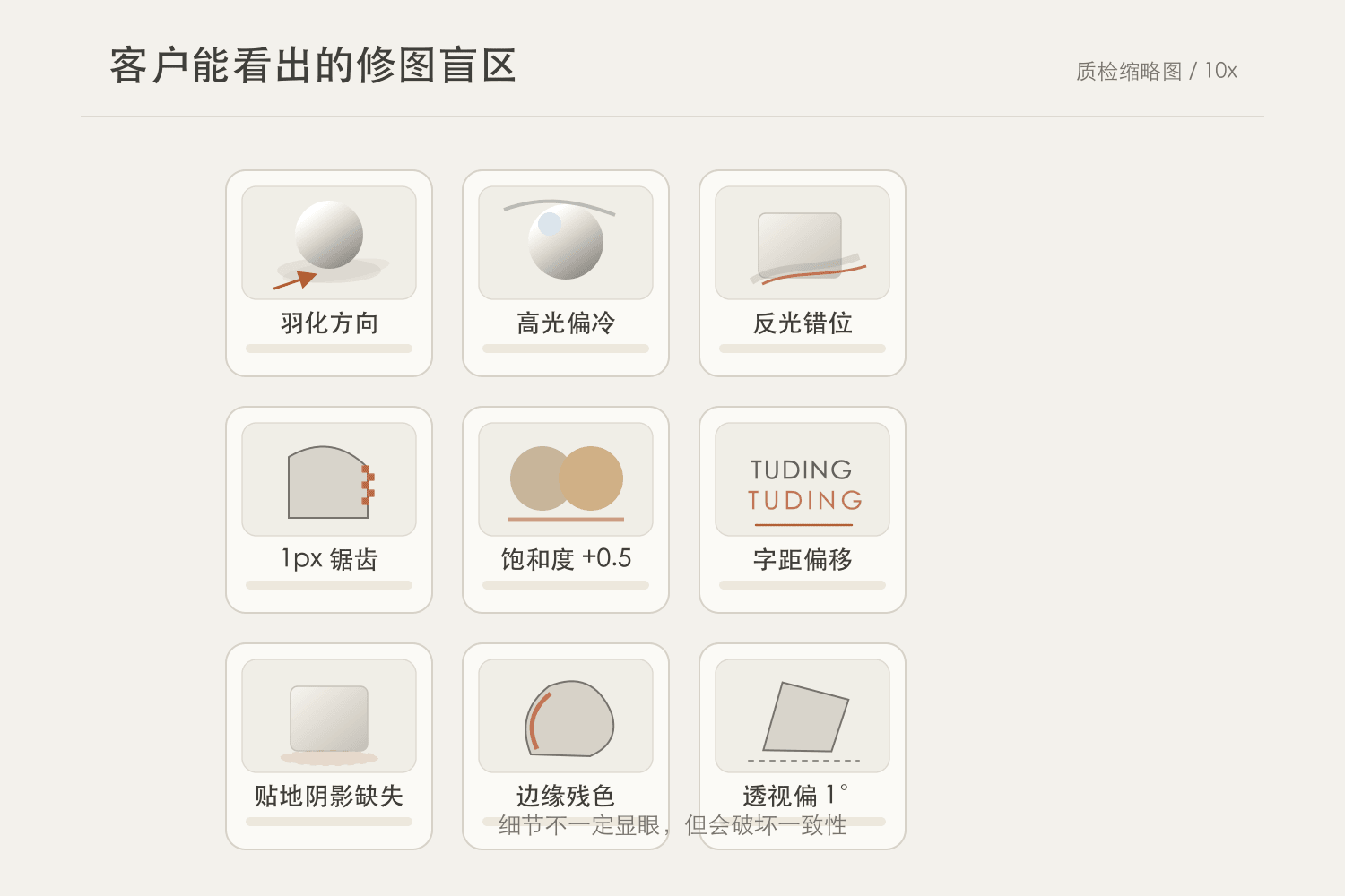 10 个常见盲区缩略图九宫格：羽化方向、高光偏冷、反光错位、1px 锯齿、饱和度过头、字距偏移、贴地阴影缺失等