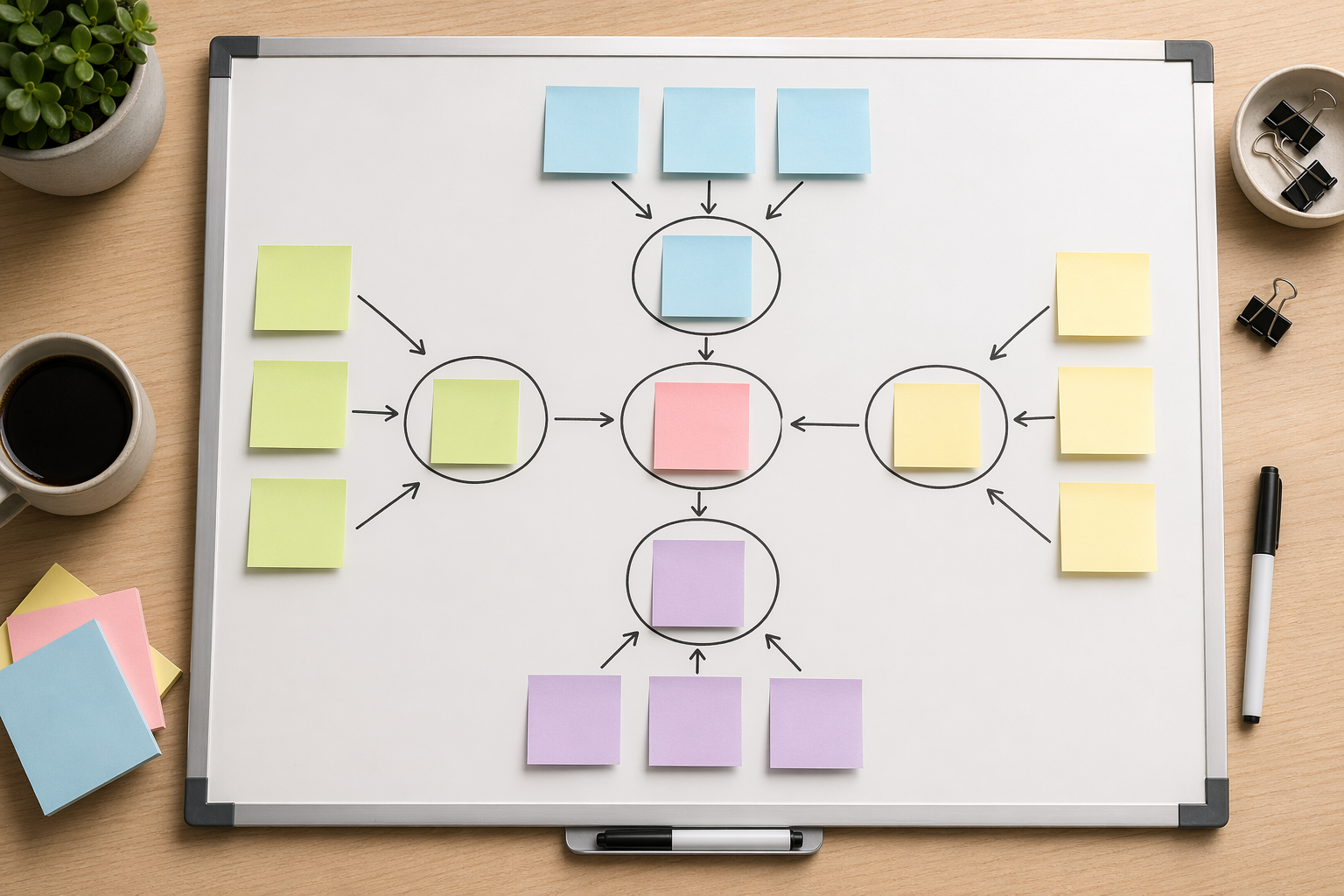 3 人修图工作室交接节点示意图：白板上贴的便签和箭头