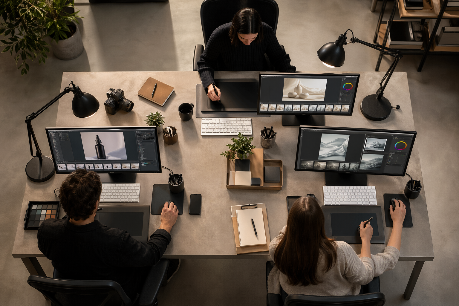 3 人修图工作室办公室俯拍：3 个工位分别是修图师、项目协调、质检