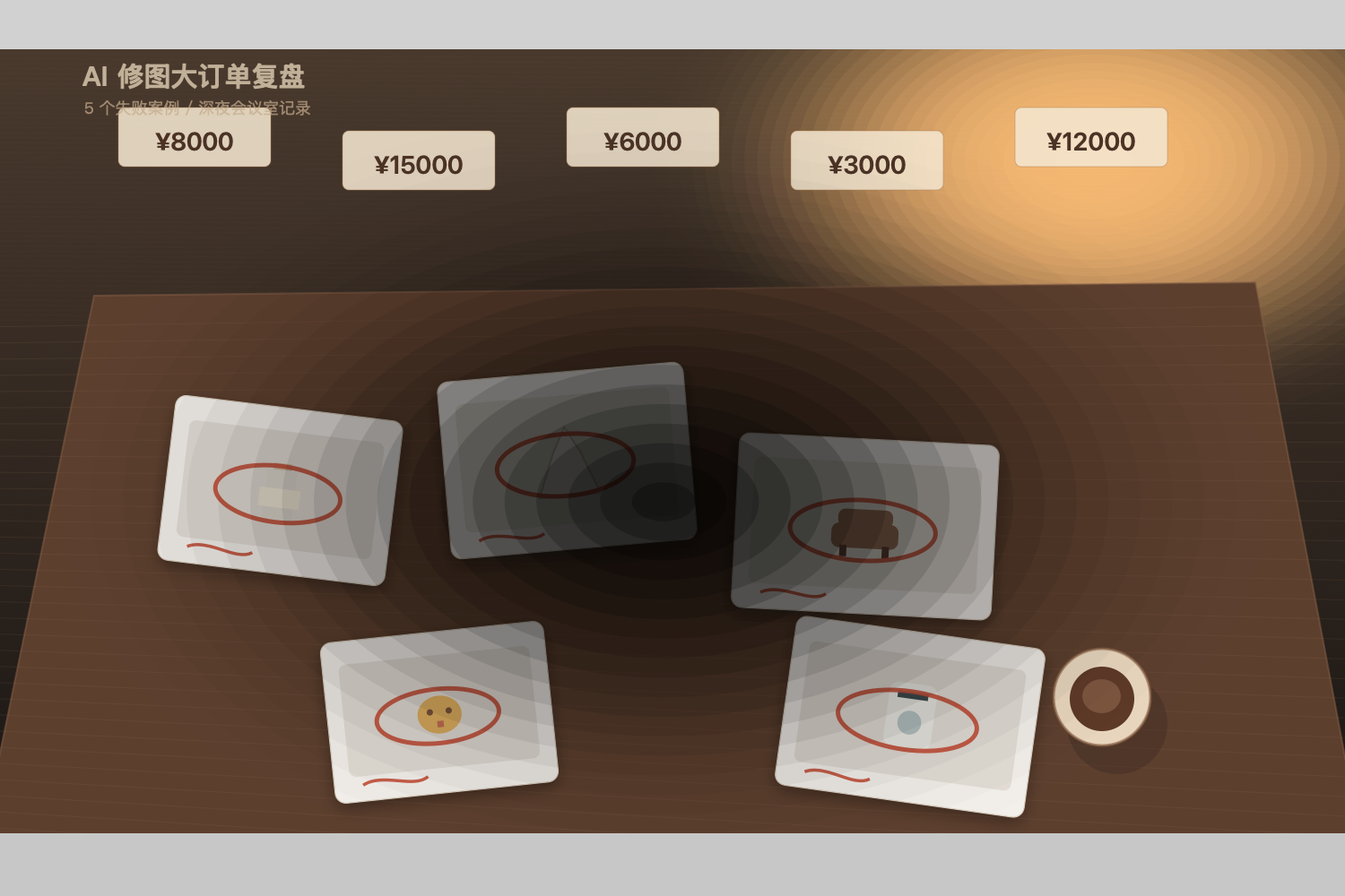 AI 修图大订单复盘会议室桌面 5 张红圈批注图与金额标签