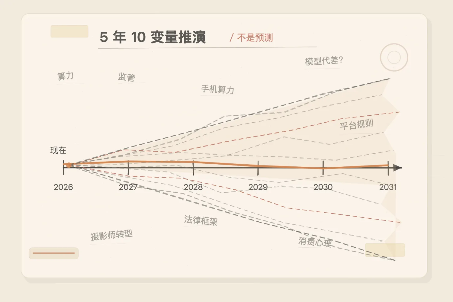 桌面俯拍：白纸上手绘 5 年时间轴，10 个分叉的可能性扇面越往后越发散，旁边散落手写关键词便条