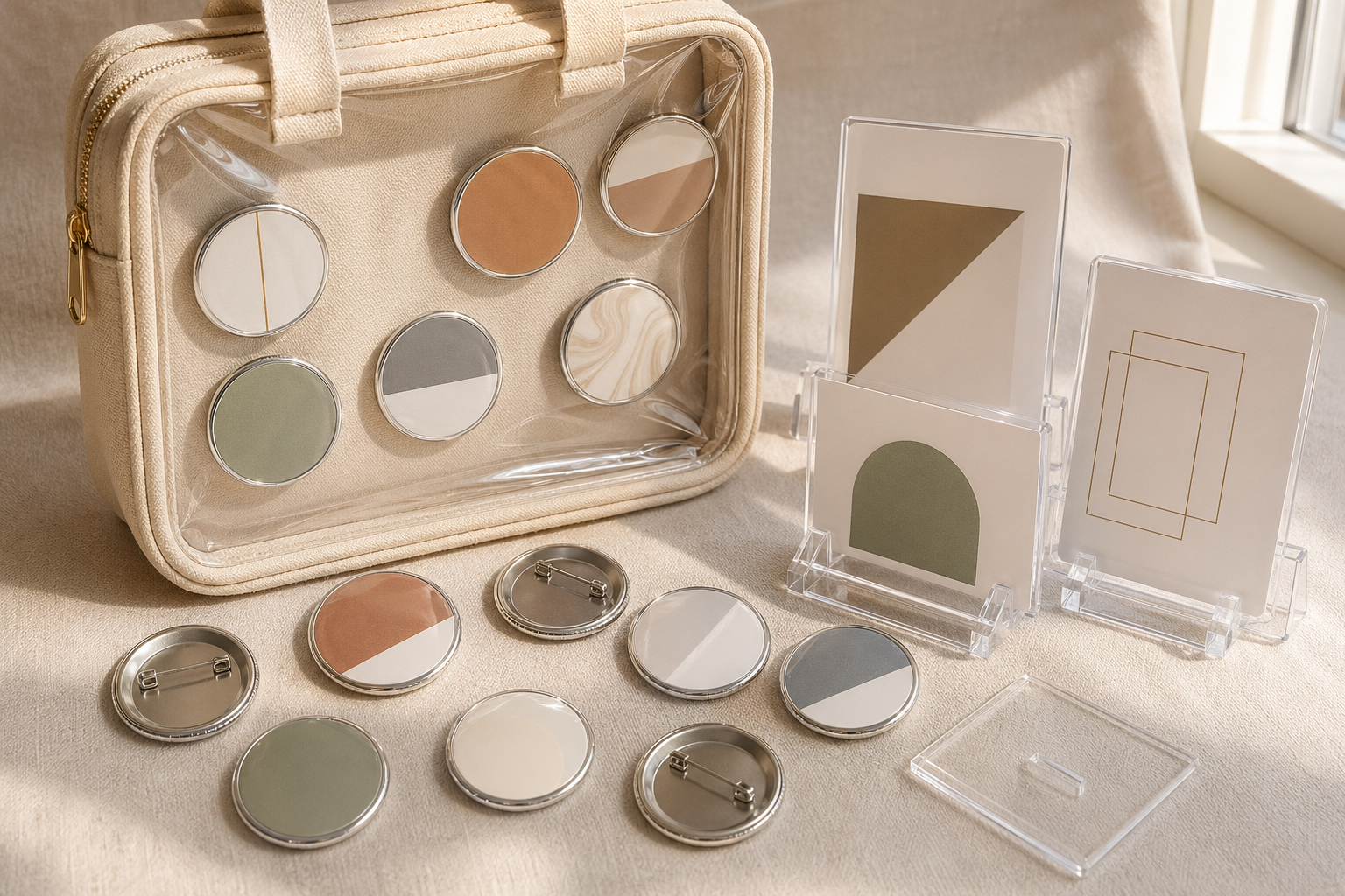 米色亚麻布背景上的徽章与痛包收纳展示：圆形金属吧唧（中心为纯色色块或几何图案）、纯色帆布痛包、透明亚克力立牌的博物馆式陈列