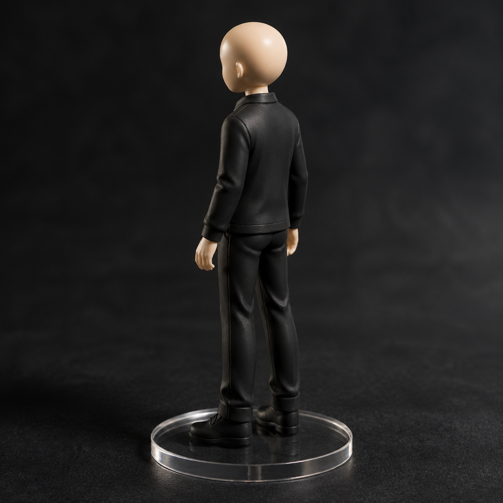 深色背景下的泛用 PVC 手办材质特写：站立姿态、纯色制服款服装、PVC 表面光泽、关节缝合线、透明亚克力底座、左前 45 度补光