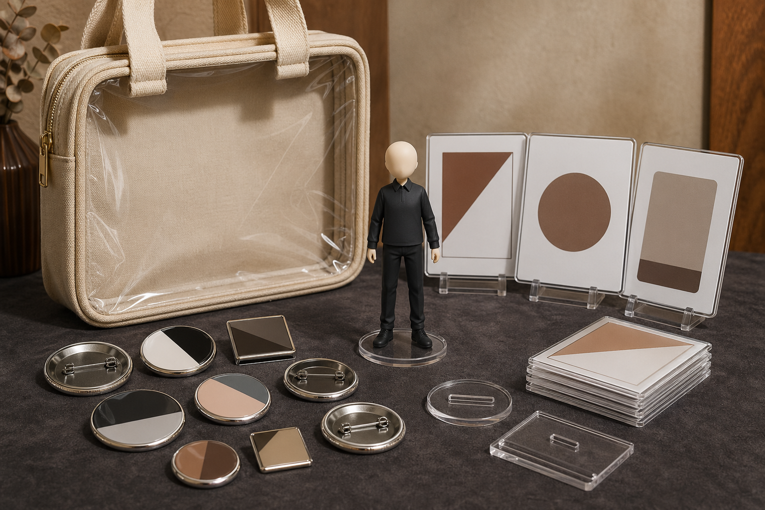 暖色木质桌面上的二次元周边合集主图：泛用 PVC 小手办、金属吧唧徽章、亚克力立牌、纯色帆布痛包在米色桌面上的博物馆式陈列