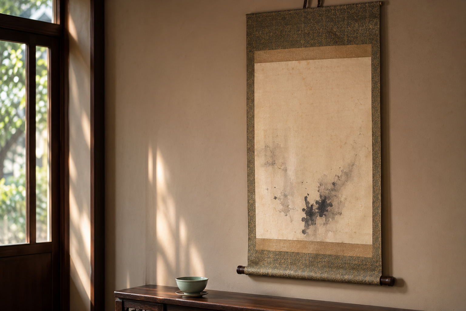 传统中式立轴书法装裱：丝绸锦缎裱边、米色墙面、底部木质轴杆、自然光下的米黄宣纸与博物馆陈列氛围