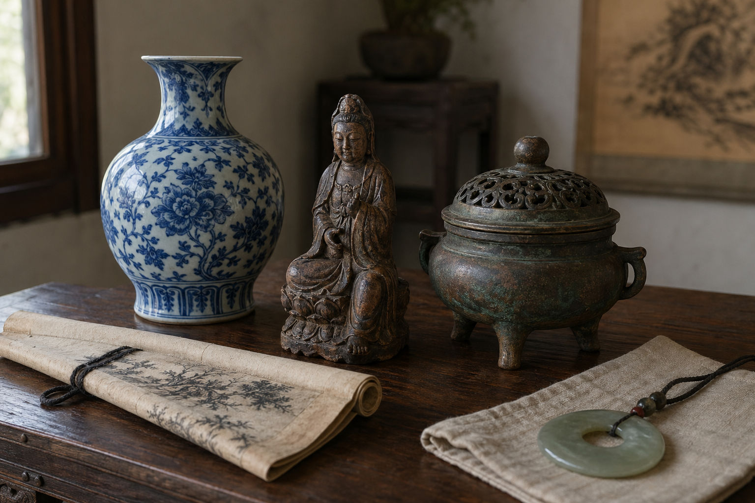 深色胡桃木桌面上的中式古玩合集主图：青花瓷瓶、木雕观音、铜香炉、折叠卷轴书法、玉佩在米色亚麻布上的博物馆式陈列