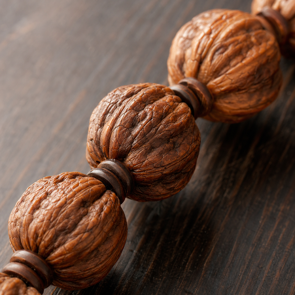 深色木质表面上的核桃文玩手串特写：琥珀棕色包浆、细密的把玩划痕、自然油润光泽、贝壳表面的自然裂纹、自然侧光打光