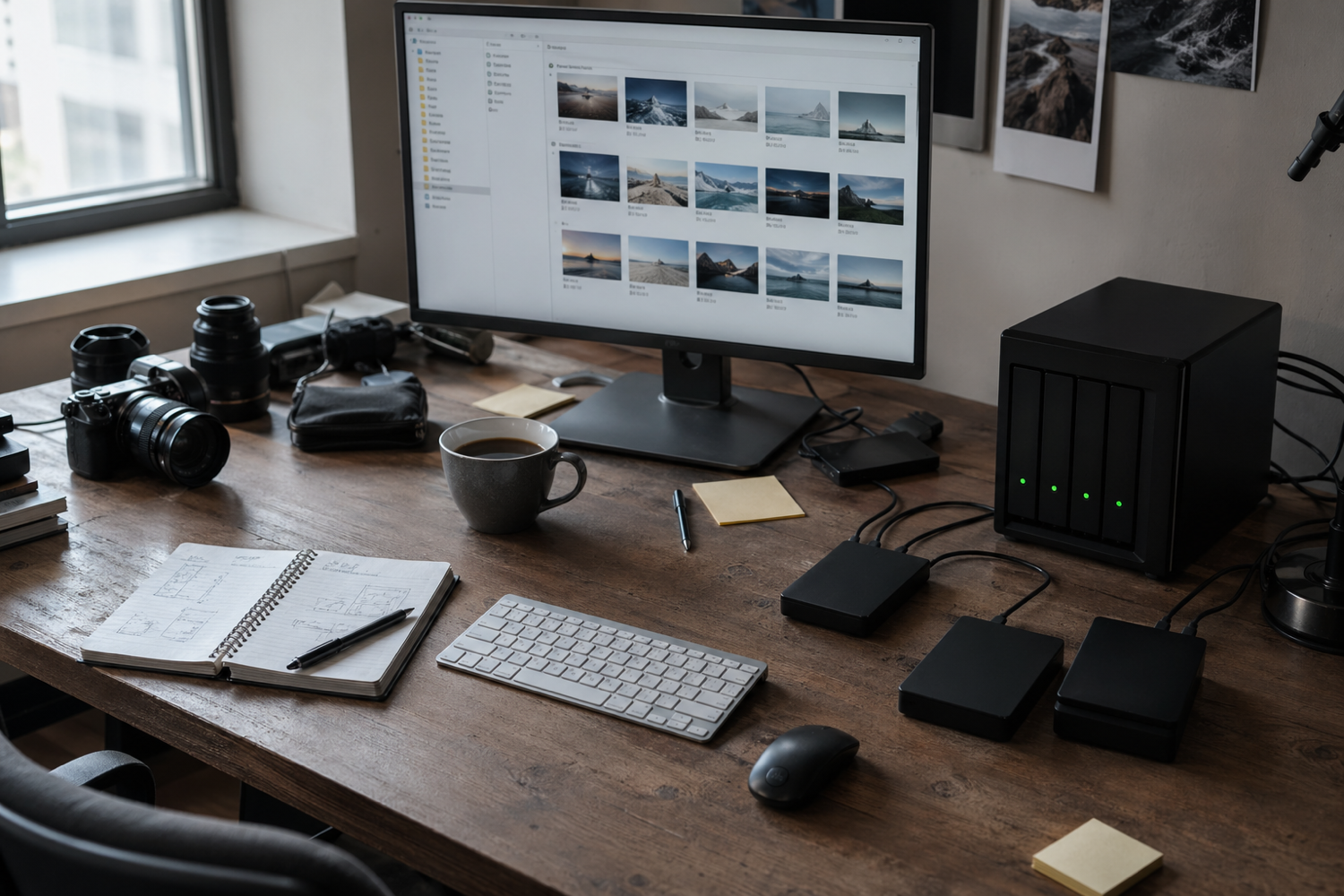 一张 AI 修图工作室桌面：显示器上是缩略图列表，旁边摆着移动硬盘、4 盘位 NAS、笔记本和咖啡杯