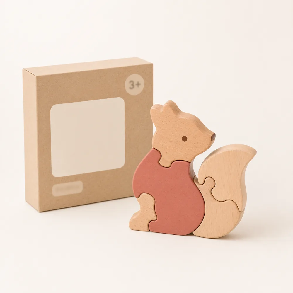 白色背景上居中陈列一件原木色拼图玩具，旁边斜放一个简约纸盒包装，包装上的年龄标识区域可见但文字略微模糊