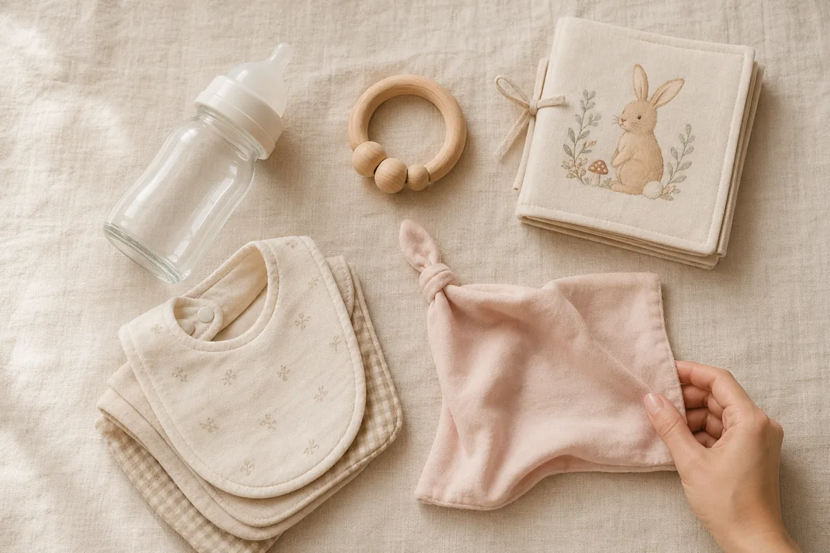 米色亚麻桌布上摆着奶瓶、木质牙胶、布艺绘本和硅胶安抚巾，画面右下角只有一只成人女性的手部局部
