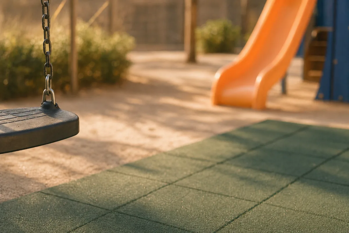 空荡的游乐场局部，远景一段橙色滑梯角和一段绿色软地垫，画面里没有任何人物