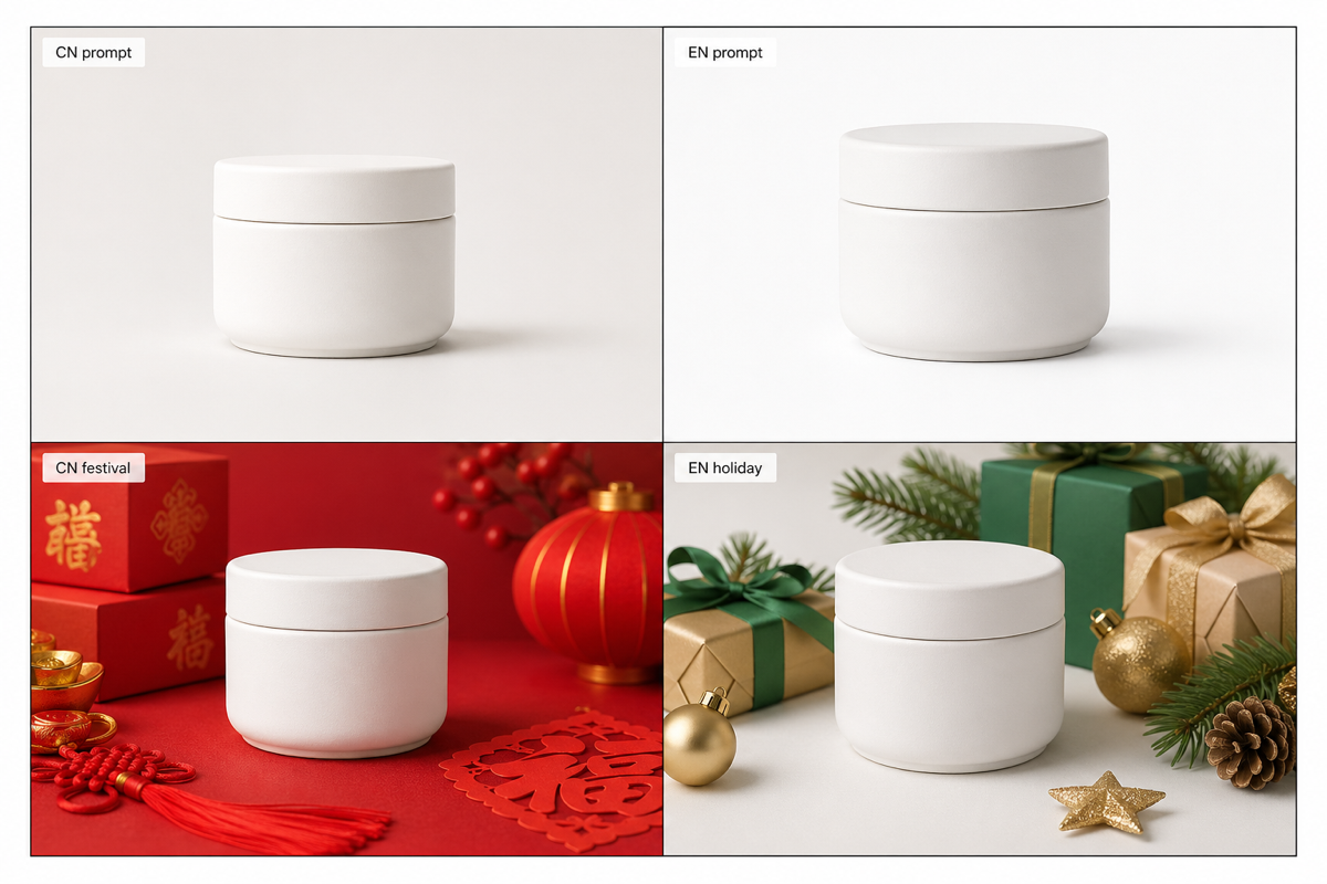 2x2 grid：左上中文白底输出，右上英文白底输出，左下中文春节礼盒，右下英文圣诞礼盒