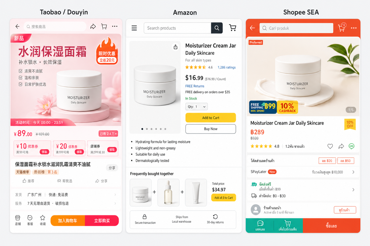 三栏对比：Taobao 中文热闹界面、Amazon 英文极简界面、Shopee 东南亚混合界面