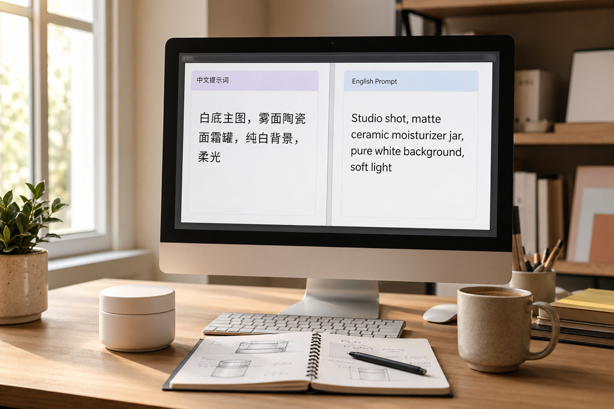 桌面分屏显示左边中文 prompt、右边英文 prompt，桌上摆着白色面霜罐和草稿本