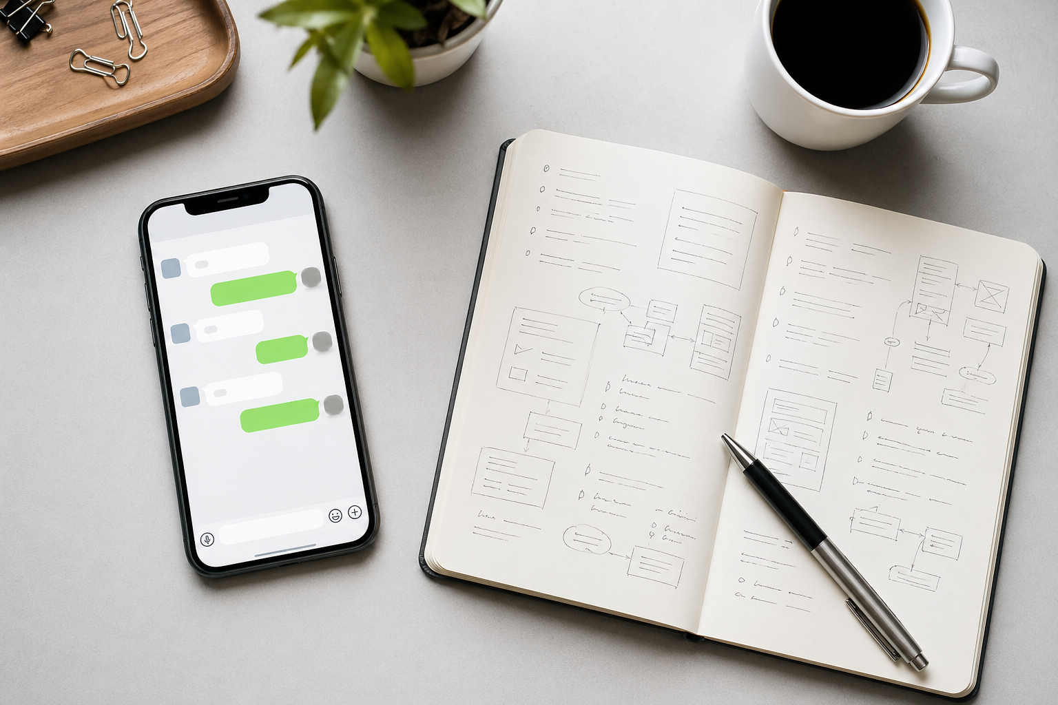 桌面俯拍：手机微信对话窗口和笔记本上写沟通脚本的工作场景