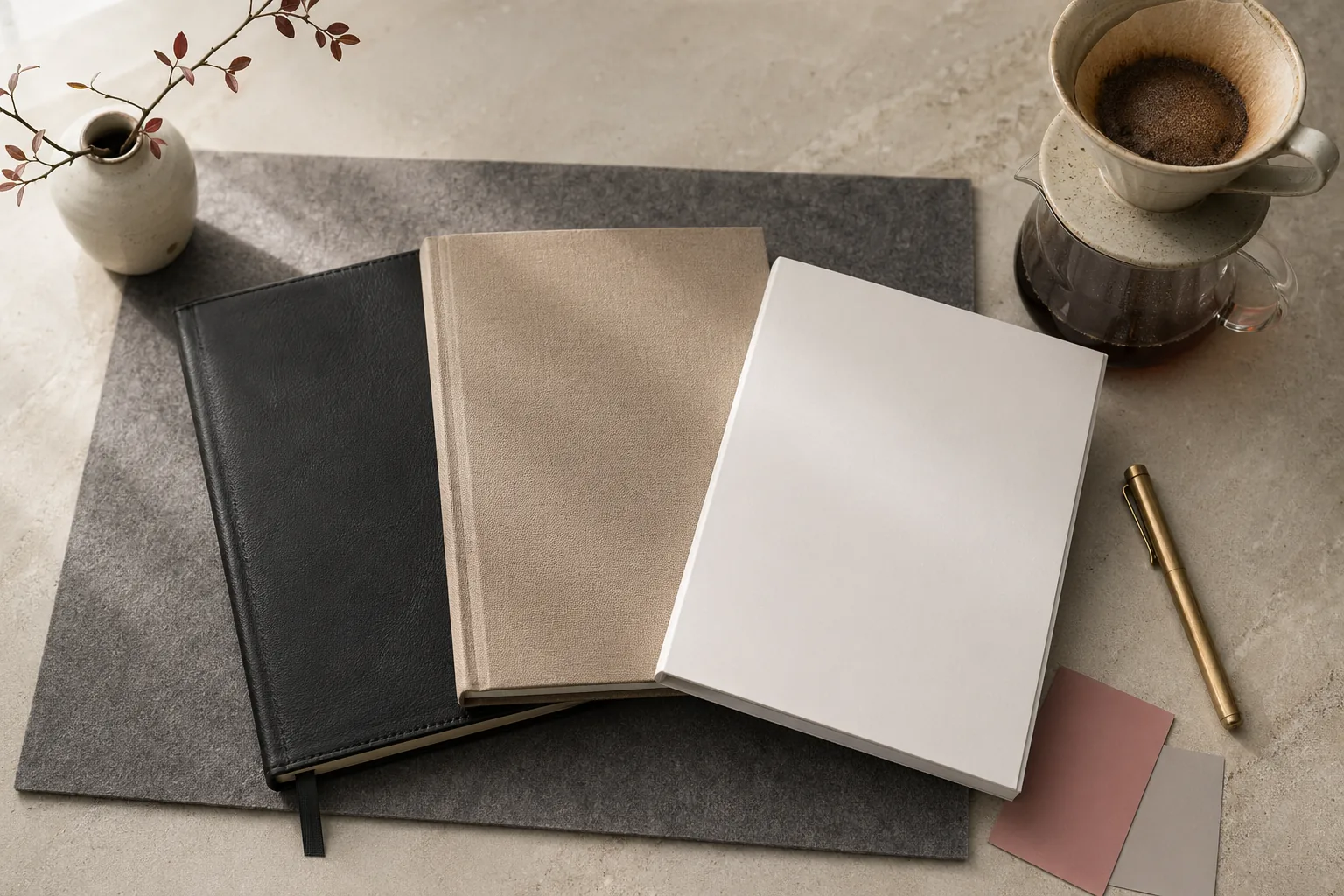 三本不同质感的客户档案本——黑色皮质、棕色帆布、白色简约——以及韩式手冲咖啡器具，柔和首尔工作室晨光下的桌面俯拍