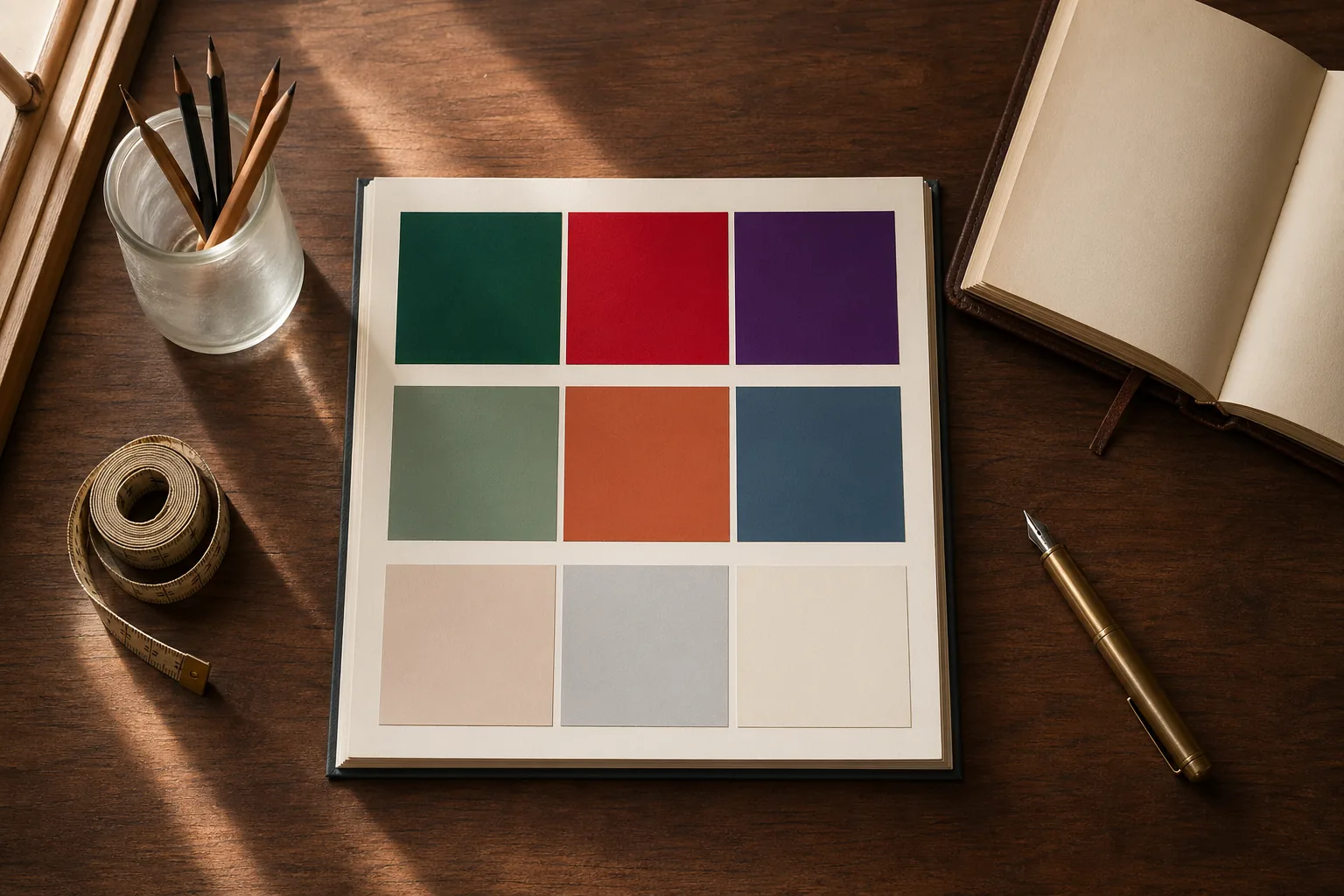 一本打开的色卡书，三段色调从上到下依次为浓彩、中调、浅色，旁边一支黄铜钢笔和一本皮质笔记本，木质桌面柔和侧光