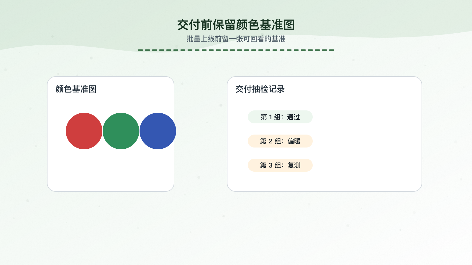 上线前保留颜色基准图和抽检记录