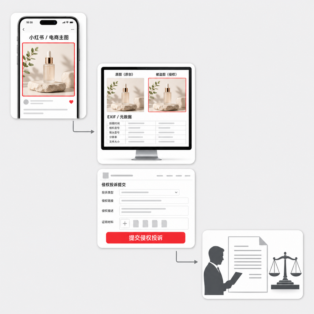 取证流程示意图：发现盗图截图、原图与盗图比对、平台投诉提交、律师函与天平