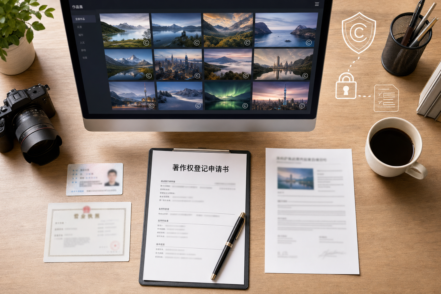 桌面工作场景：显示器上的作品集水印、桌面散放的证件与著作权登记申请书、签字笔与咖啡