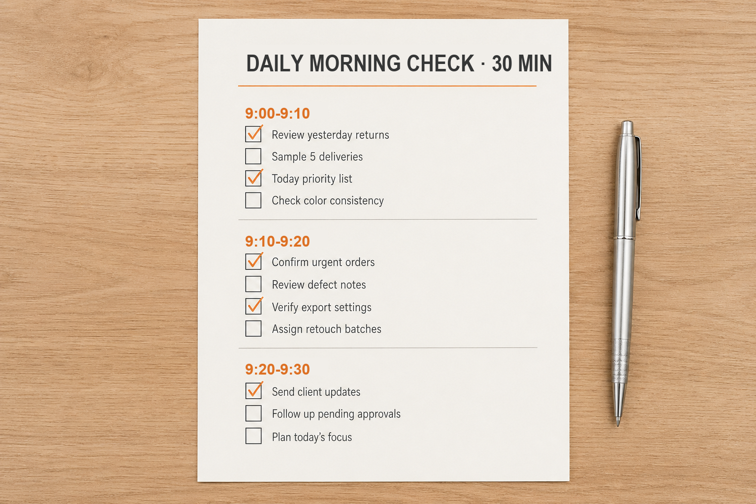 一张拟物化的纸质晨检清单平铺在木质桌面上，时间分段清晰，已有几条勾选标记