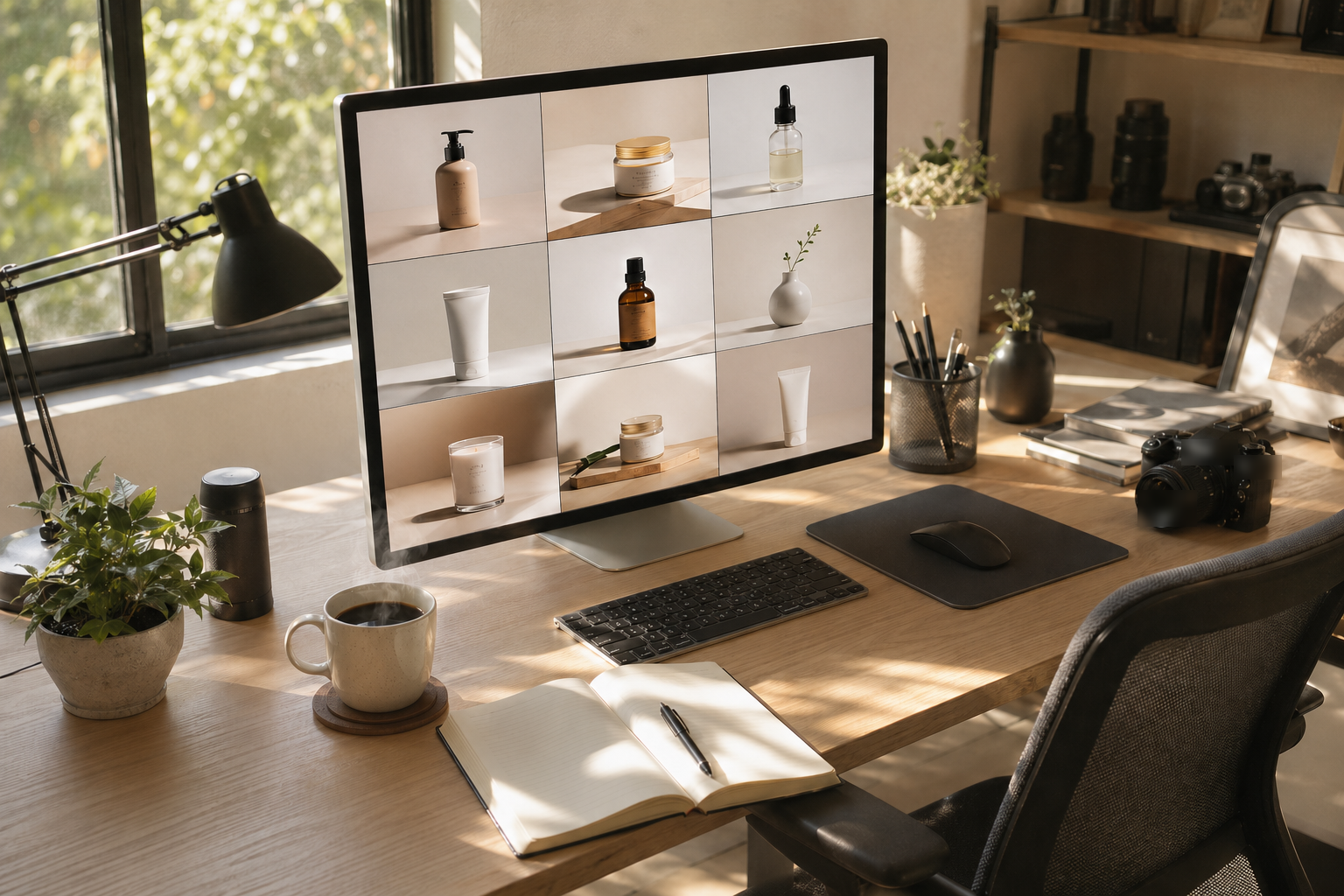 早晨工作室晨检场景：自然光斜射进来，桌面上摆着显示器、咖啡和一本翻开的笔记本