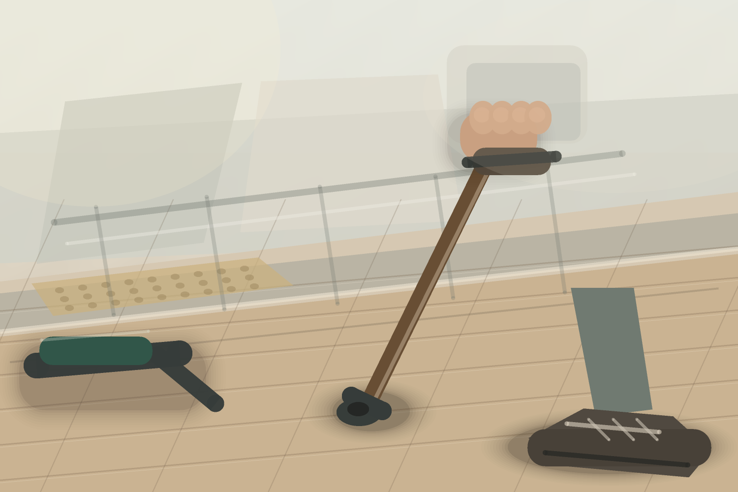 清晨地铁口斜坡的局部画面，画面前景是轮椅扶手、握把和指节局部，没有完整人脸