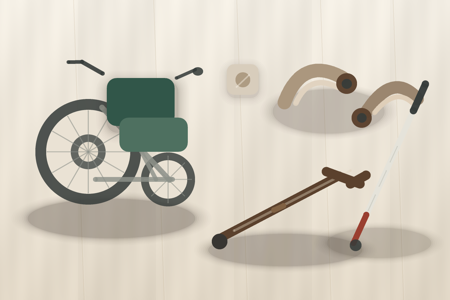 浅木纹桌面上平铺的轮椅、助听器、拐杖和盲杖等辅具产品合集