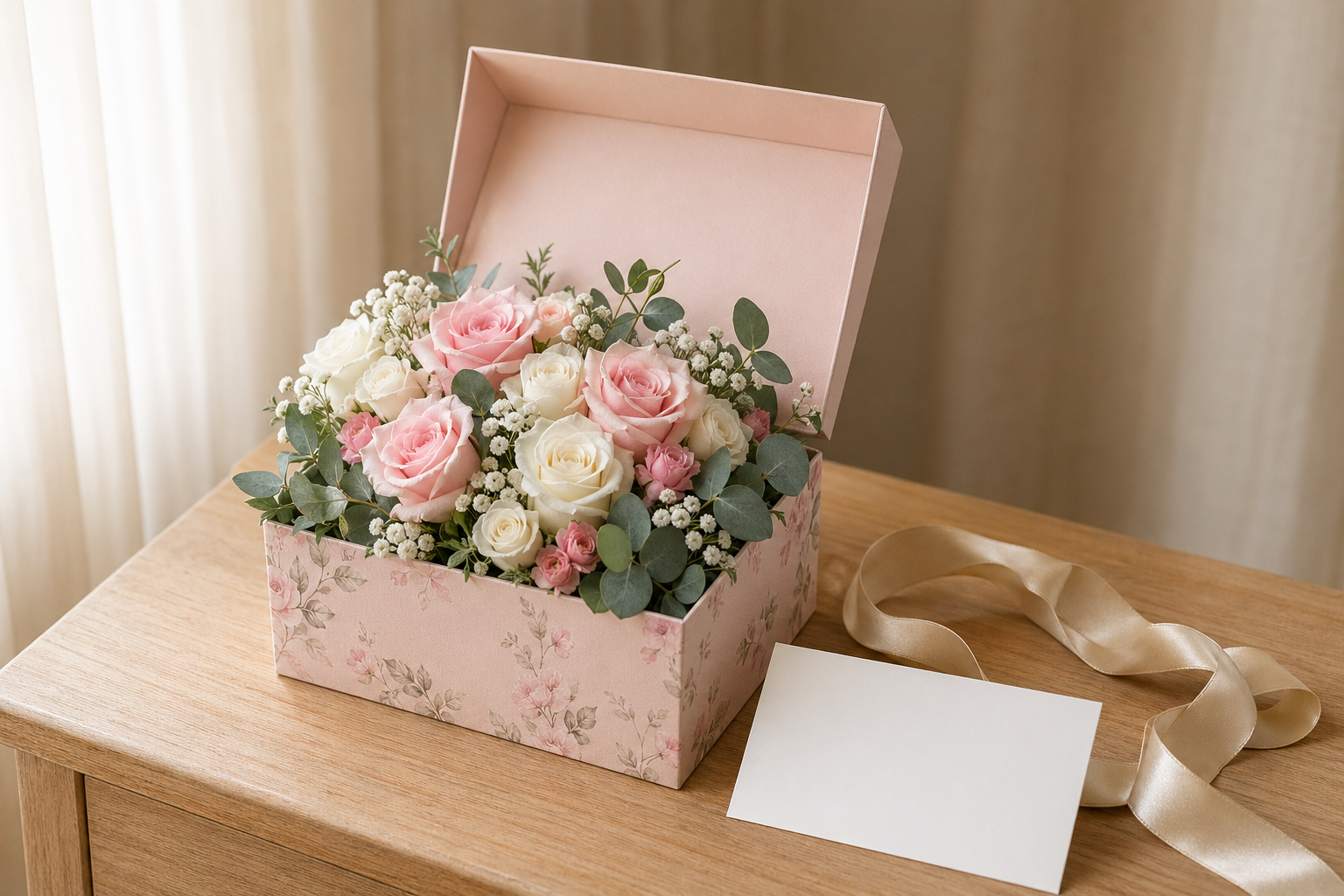浅色花艺礼盒中鲜切花、干花与缎带组合的送礼场景，背景柔和