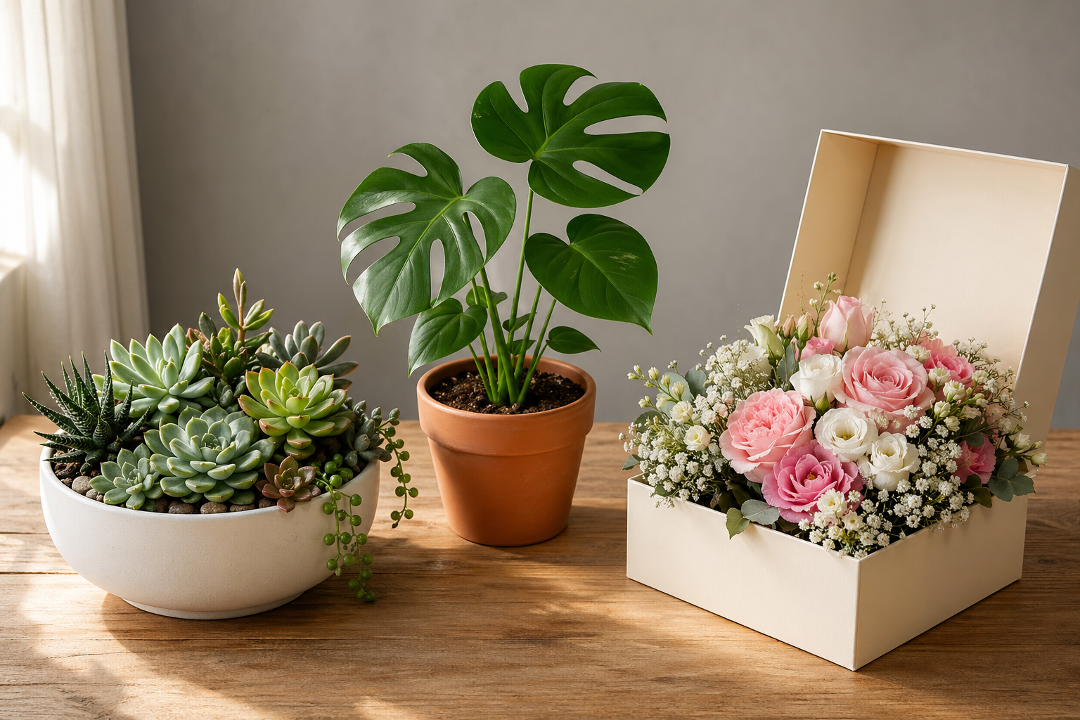 多肉拼盘、龟背竹小盆栽与一束鲜切花礼盒在木质桌面上的家庭绿植电商集合主图