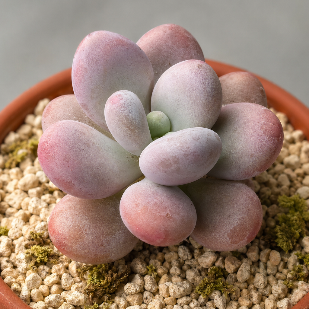 陶盆中的多肉特写，叶片带自然粉霜与颗粒质感，盆面铺小石子与苔藓装饰