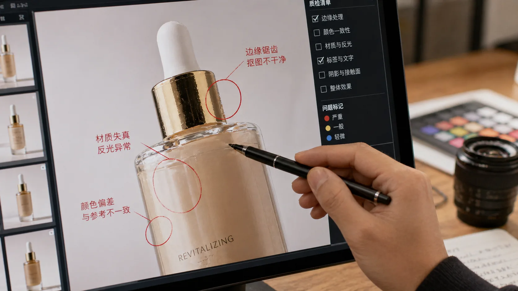 复核时放大查看商品边缘、颜色和材质问题