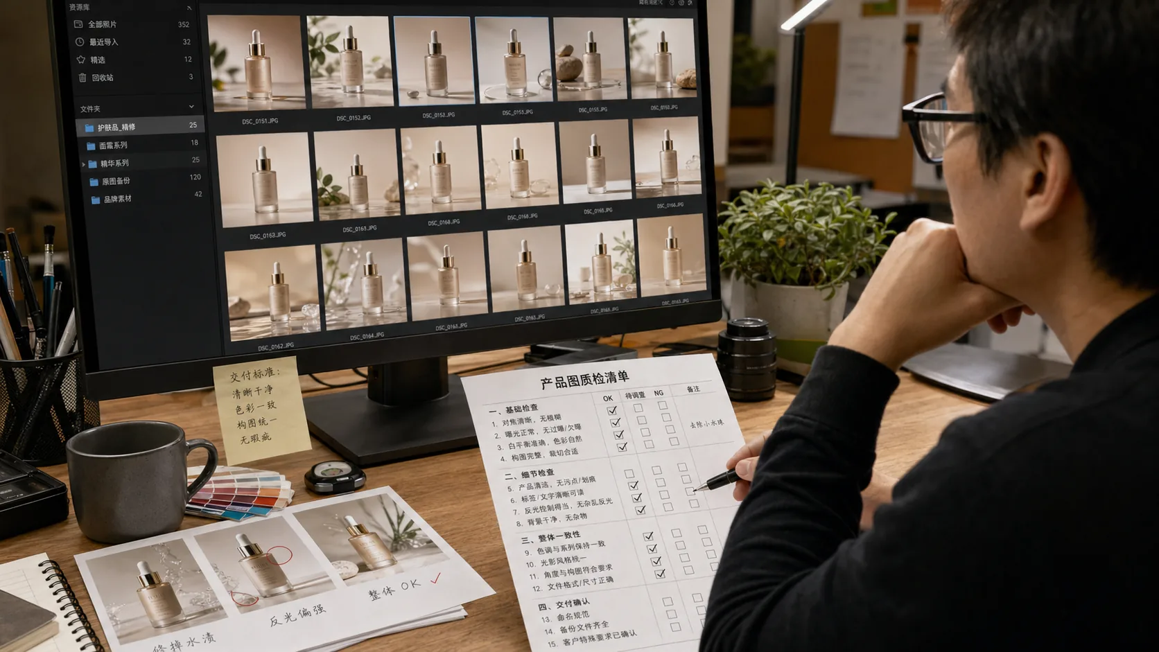 AI 修图交付前在工作台上逐张复核商品图