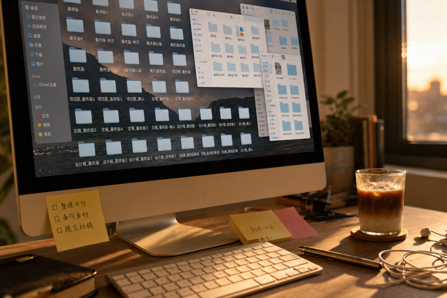 一台设计师电脑屏幕特写：桌面上散乱堆着多个名为最终版、最终版2、真的最终版的文件夹图标，旁边一杯凉了的咖啡，黄昏侧光从窗外洒进键盘