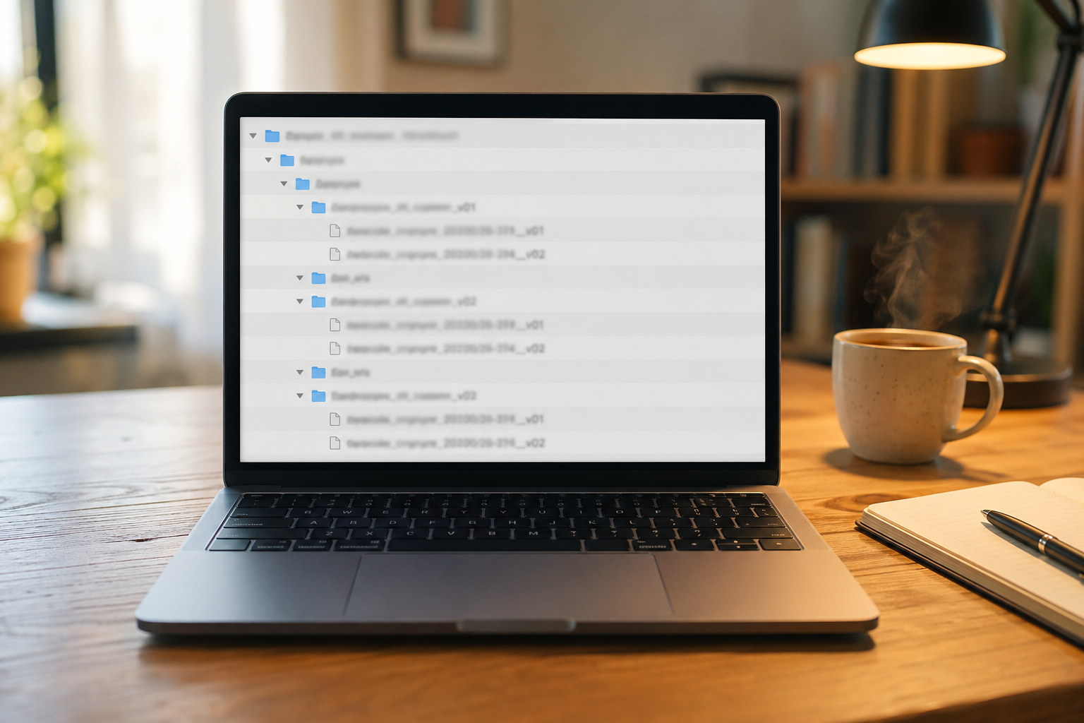 一台 MacBook 笔记本电脑屏幕显示三层缩进的规整目录结构，木质桌面有暖色台灯打光，旁边放一杯热茶和翻开的笔记本