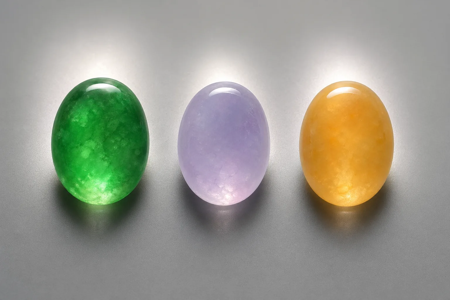 同一只翡翠手镯在原图、还原色彩、过度提亮三种状态下的并排对比，标注色相偏移与饱和度差异