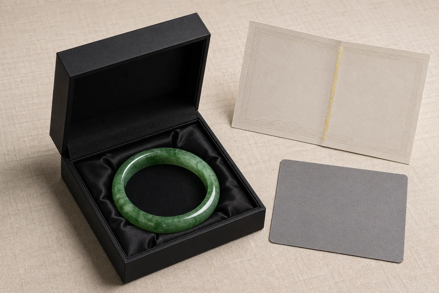 翡翠手镯放置于打开的木质礼盒中，旁边平放鉴定证书、丝绸衬布与品牌卡片的电商主图组合