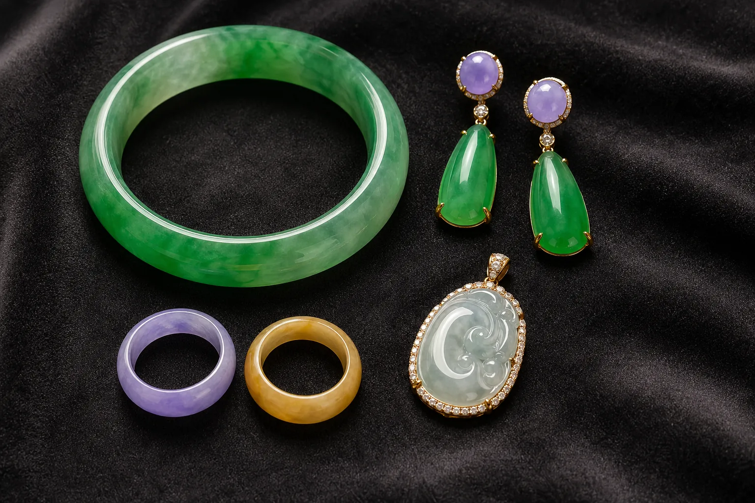 翡翠玉石主图集合：手镯、挂件、戒面、礼盒在深色绒布与原木背景上的电商主图风格陈列