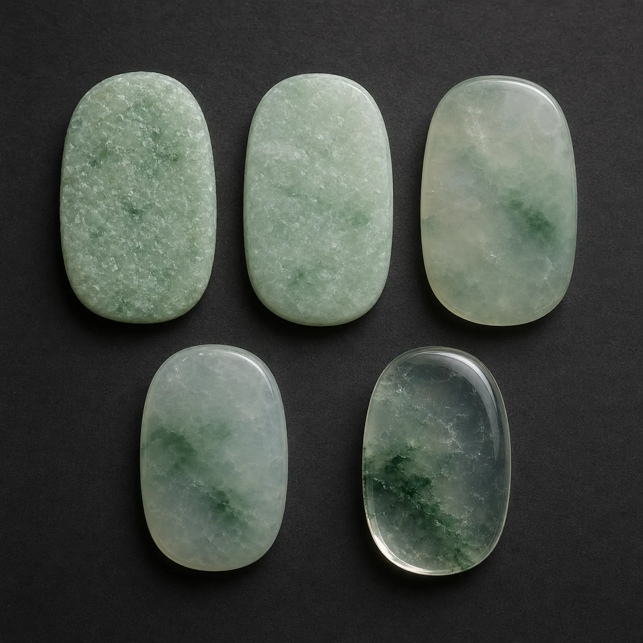 同一品类不同种水的翡翠样品并排：豆种、糯种、糯化、冰种、高冰、玻璃种，每档下方标注典型价格区间