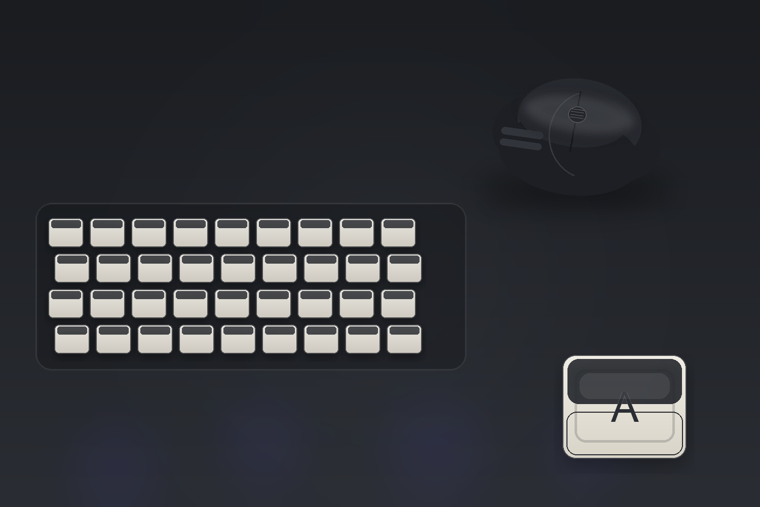 键鼠外设合集 — 客制化机械键盘 / 曲面高端鼠标 / 键帽特写在深石板灰桌面上冷调侧光摆拍，底部带轻微 RGB 光晕