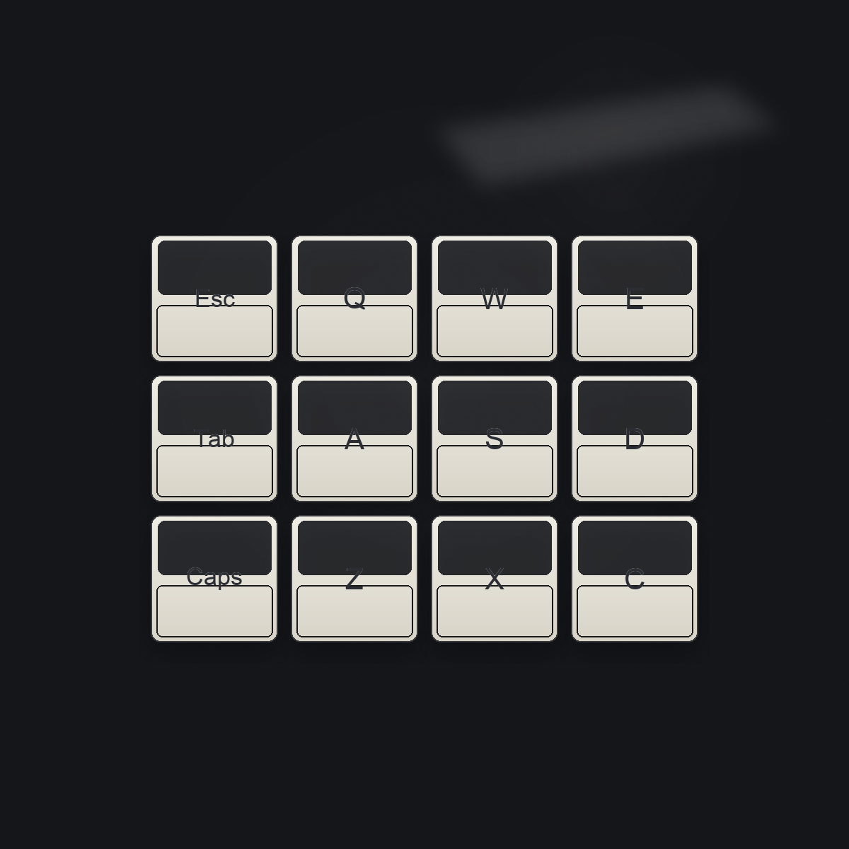 键帽阵列特写 — 4x3 PBT 颗粒键帽顶面在深桌面上冷调侧光打亮，每个键帽底部带细微投影