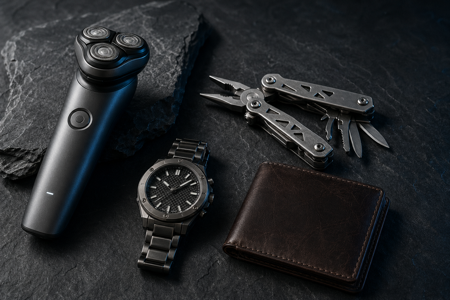 男性消费品合集 — 剃须刀 / 多功能工具 / 机械腕表 / 皮夹在深石板桌面上冷调侧光摆拍