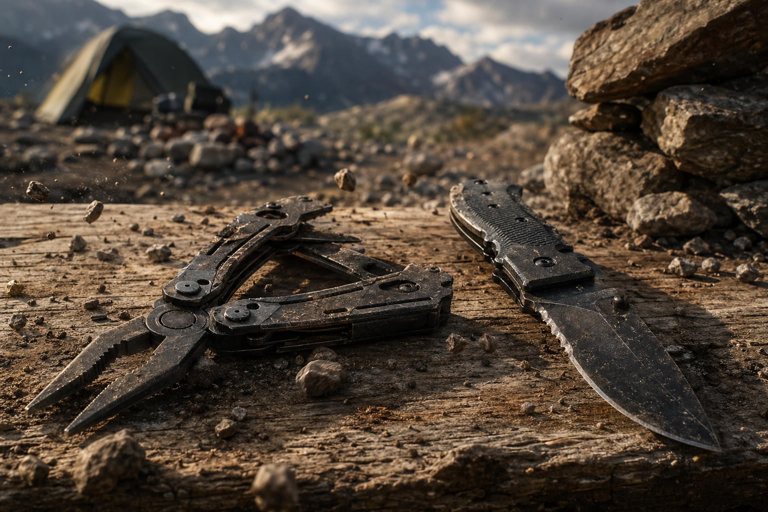 户外多功能工具与战术刀粗粝陈列 — 木板上灰土碎石侧逆光长硬阴影