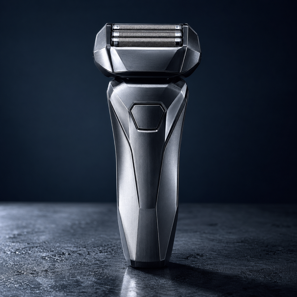 剃须刀冷调特写 — 拉丝钛色机身在深色混凝土上冷蓝侧光照射