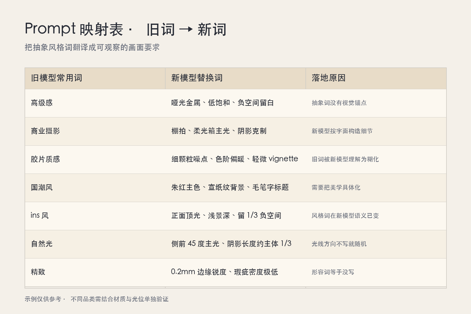 Prompt 映射表 mockup：左列是旧模型常用词，中列是新模型替换词，右列是落地原因