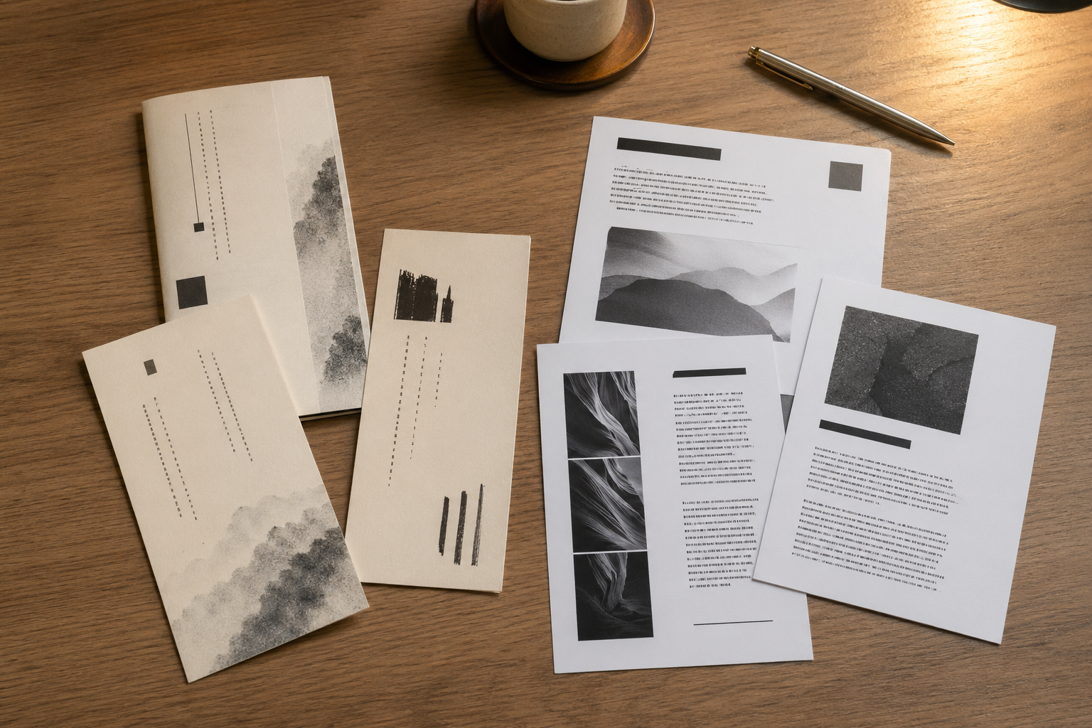 木质桌面散开 CJK 竖排短行纸样和拉丁横排长行纸样 — 柔和台灯打光的产品手册静物