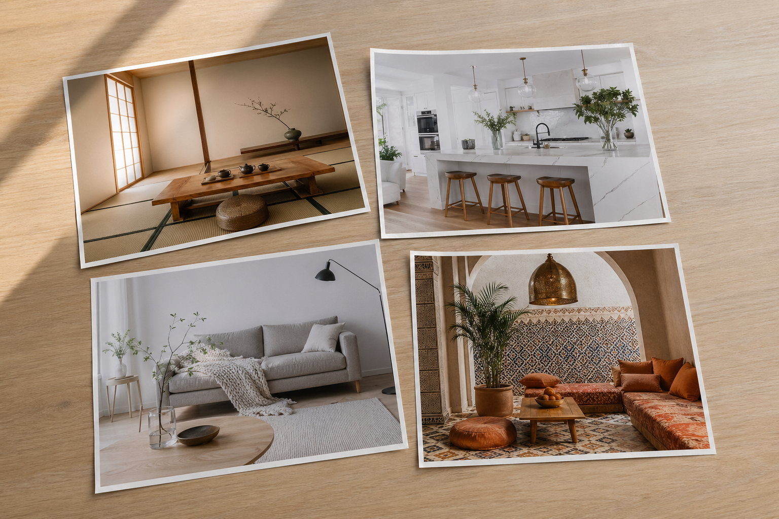 四种风格家居样图俯拍铺在浅木桌面 — 日式极简榻榻米 / 美式现代厨房 / 北欧浅灰沙发 / 中东几何花砖