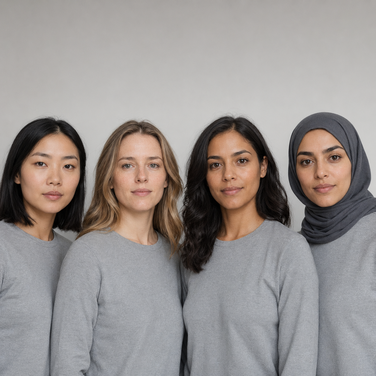 四位不同族裔的真实模特并排平视镜头胸像 — 东亚 / 高加索 / 西班牙裔 / 中东，统一灰色背景 lookbook 摄影风