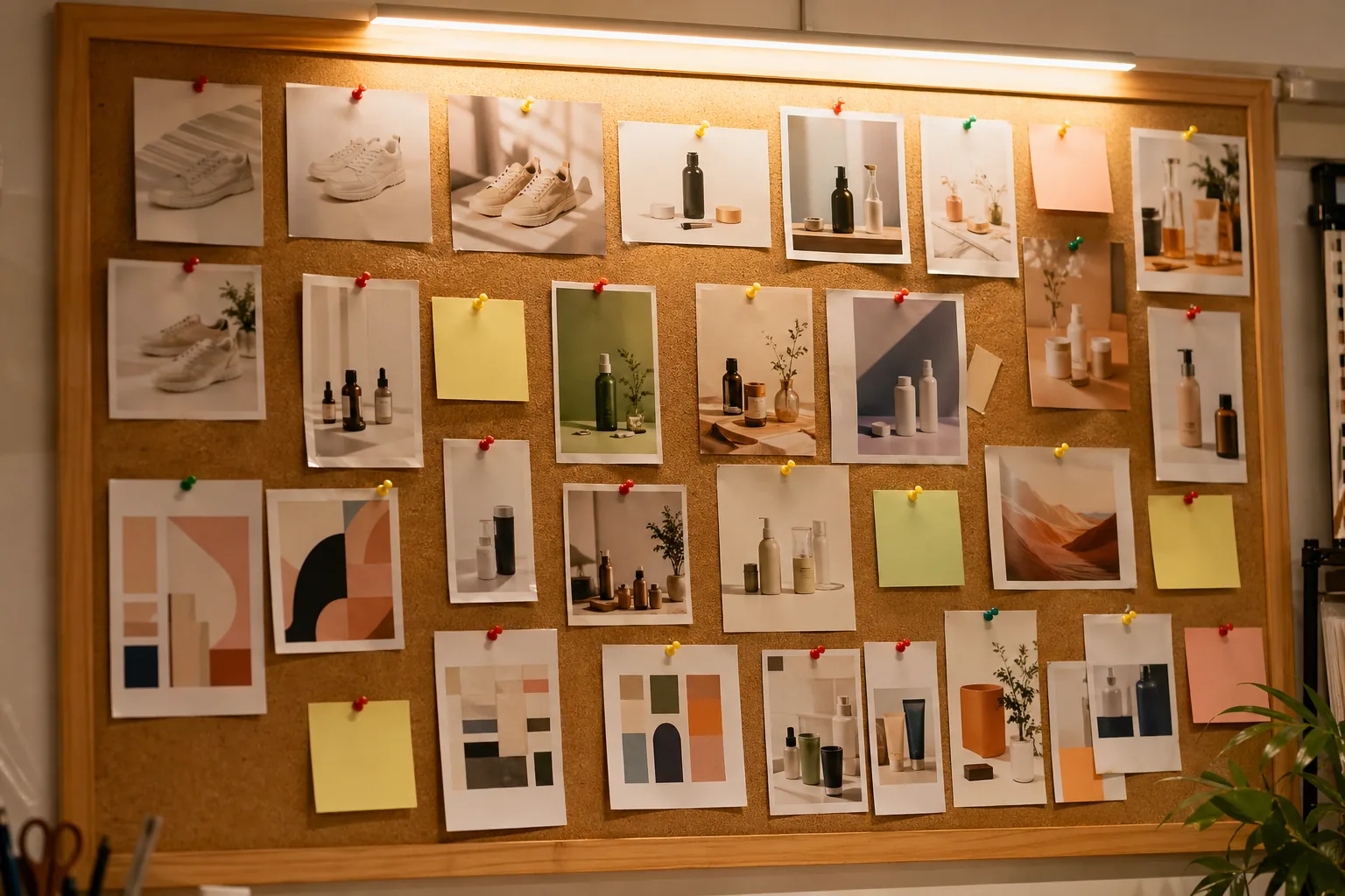 软木公告板上钉满 90 天积累的样图作品集