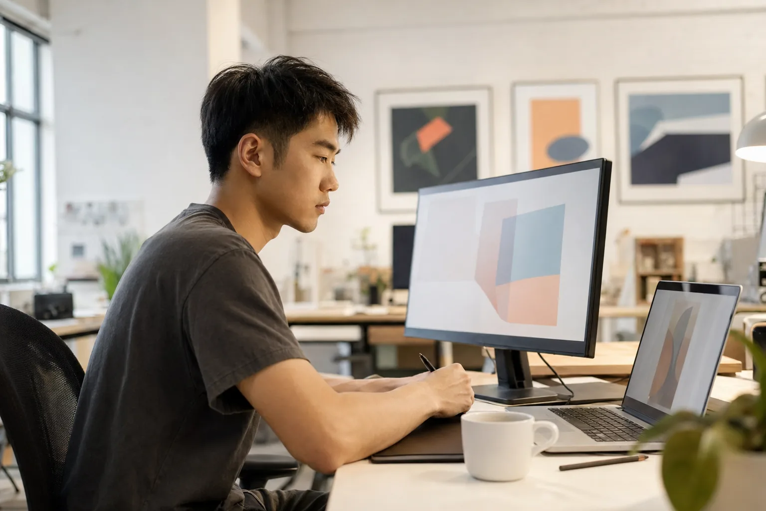 年轻设计师在双屏工作站专注工作的侧面剪影
